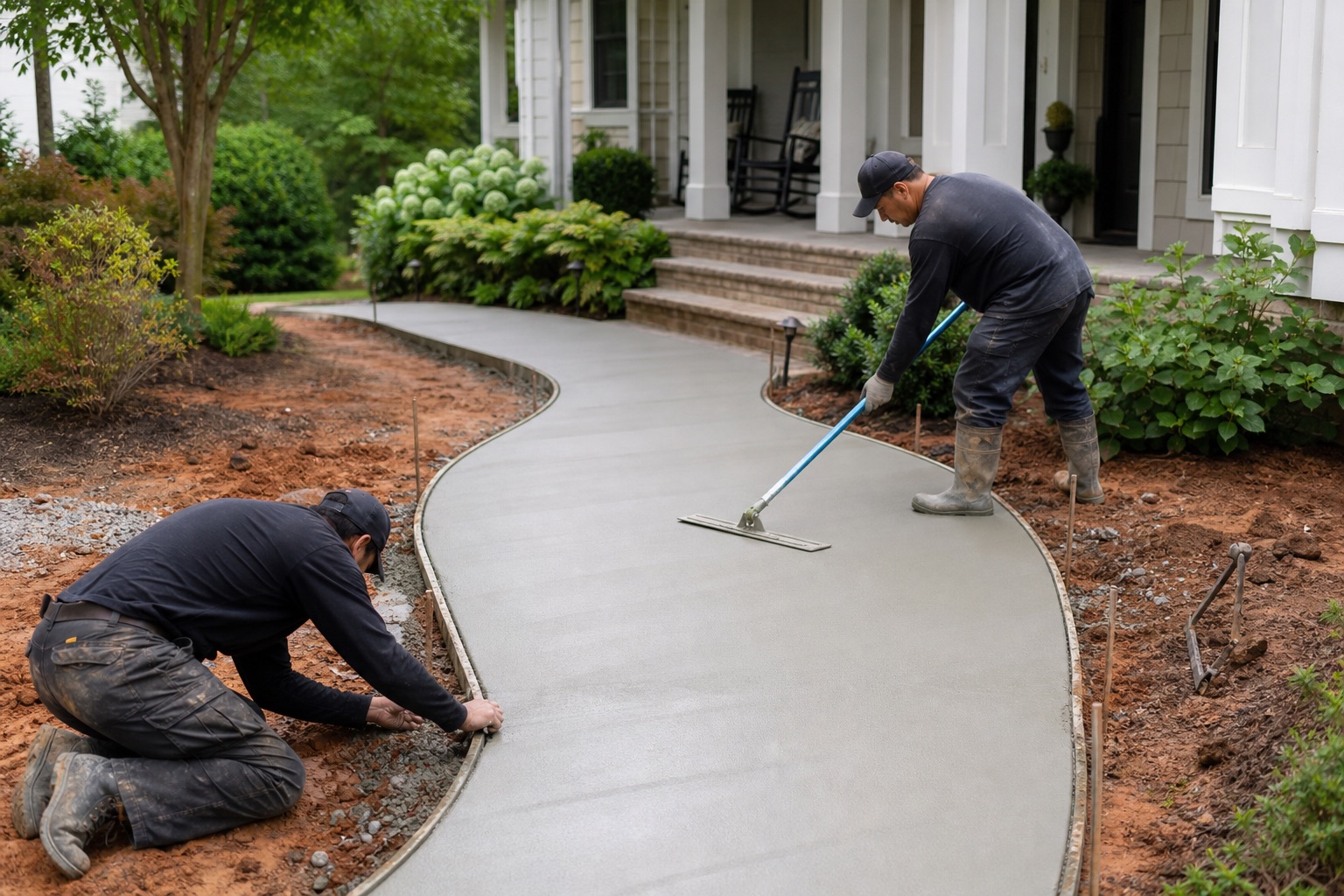 Concrete crew finishing a curved front walkway in Greenville South Carolina
