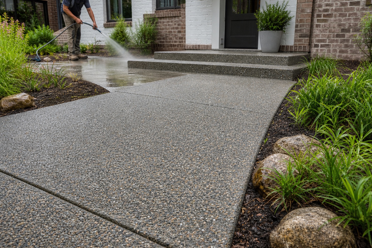 New exposed aggregate concrete walkway at a Greenville South Carolina home